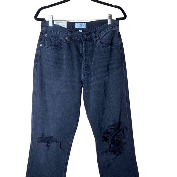 NWT Agolde lana mid rise vintage straight black distressed jeans sz 28 - Picture 2 of 8
